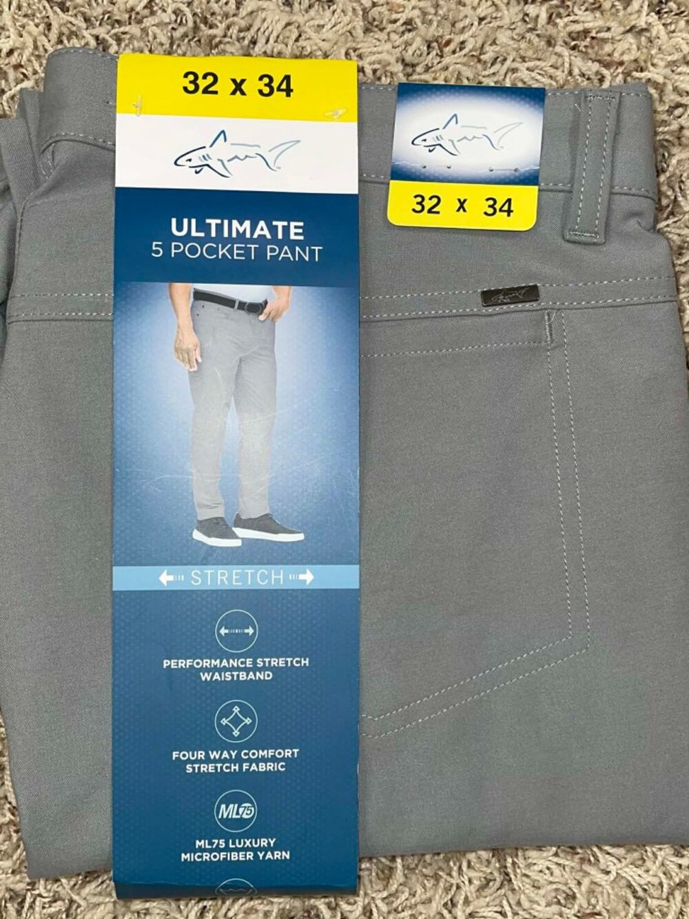Greg Norman Men's 5-Pocket Chino Pants Gray, Size 32x34 (New)
